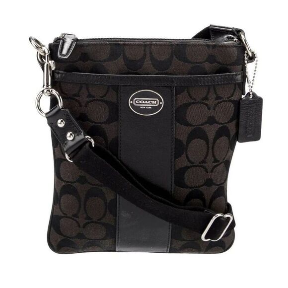 COACH Dark Brown Canvas Print Leather Accent Messenger/Crossbody Bag Purse - Picture 3 of 7